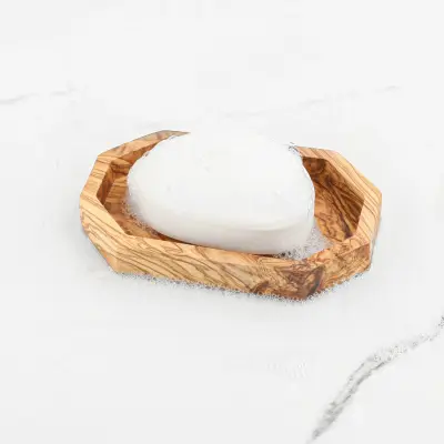 olive wood hexagonal shape slotted soap holder