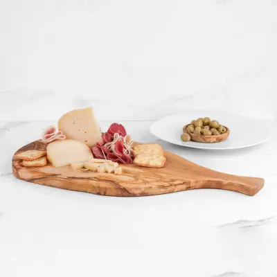 olive wood irregular shape cutting board with handle