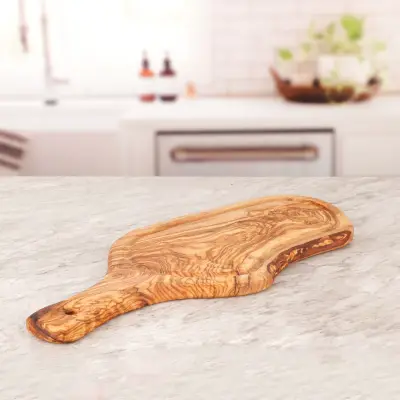 olive wood irregular shape cutting board with juice groove and handle