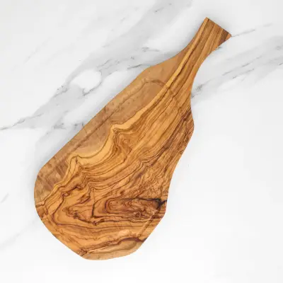 olive wood irregular shape cutting board with juice groove and handle