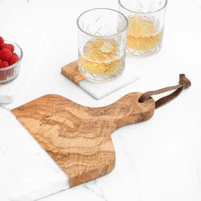 olive wood white marble and wood cutting board with handle