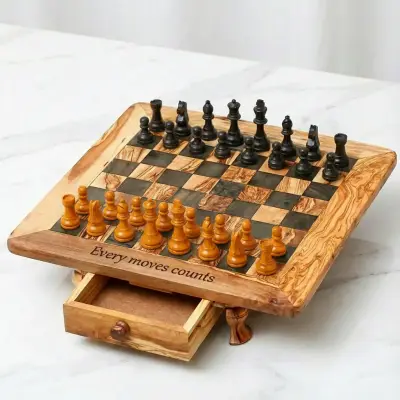 olive wood rounded edge square chess board with legs and drawers