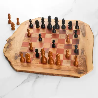olive wood irregular shape rustic chess board (red squares)