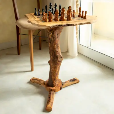 olive wood irregular shape rustic chess table