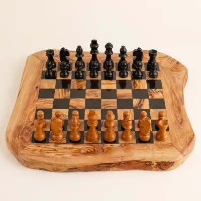 olive wood irregular shape rustic chess board with glossy resin finish