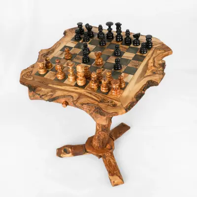 olive wood irregular shape rustic chess table with drawers