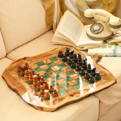 olive wood wood and resin rustic chess board (green squares)