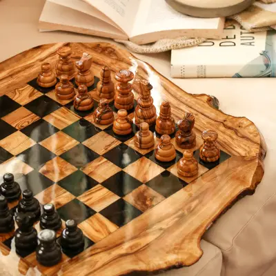 olive wood wood and resin rustic chess board (black squares)