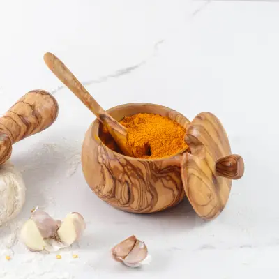 olive wood spice jar with lift-off lid and spoon