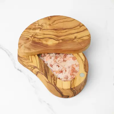olive wood salt cellar with pivoting lid