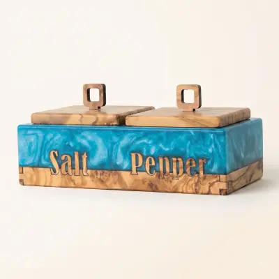 olive wood wood and blue resin salt and pepper box