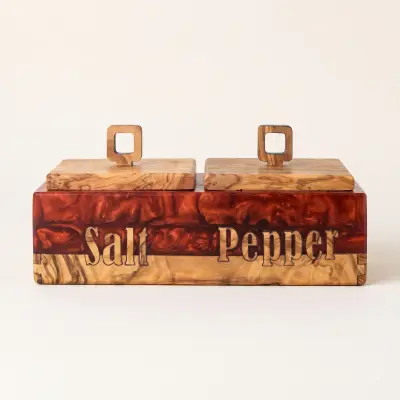 olive wood wood and red resin salt and pepper box