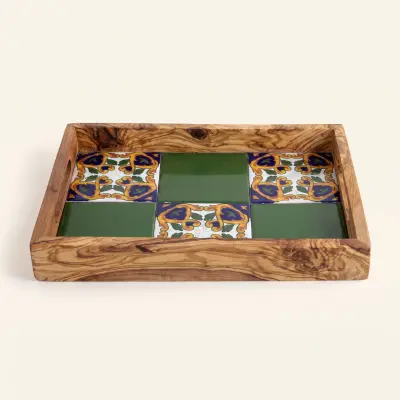 olive wood wood and ceramic rectangular tray with handles