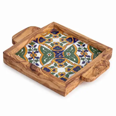 olive wood wood and ceramic square tray