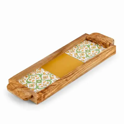 olive wood wood and ceramic rectangular tray