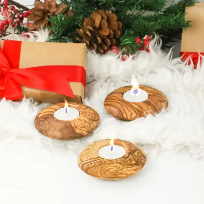 olive wood round shape candle holder