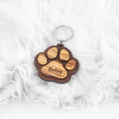 olive wood paw print keychain