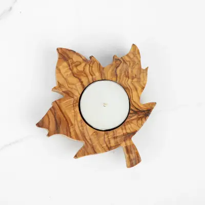 olive wood leaf shape tea light candle holder