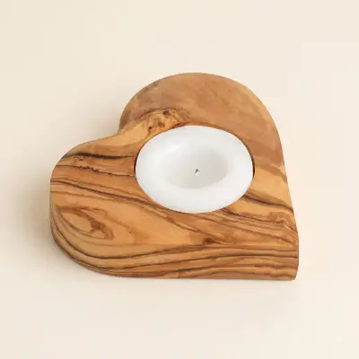 olive wood heart shape tea light candle holder