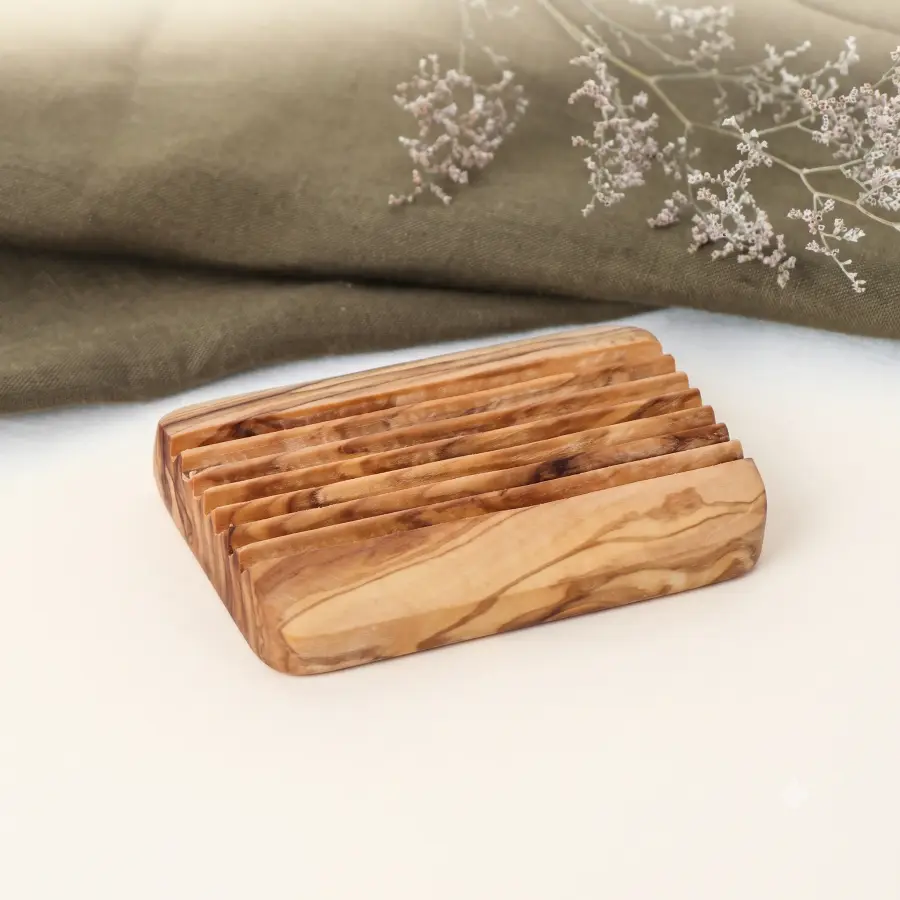 olive wood rectangular shape soap holder with parallel grooves