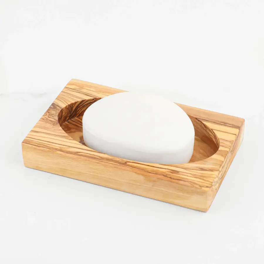 olive wood rectangular shape slotted soap holder