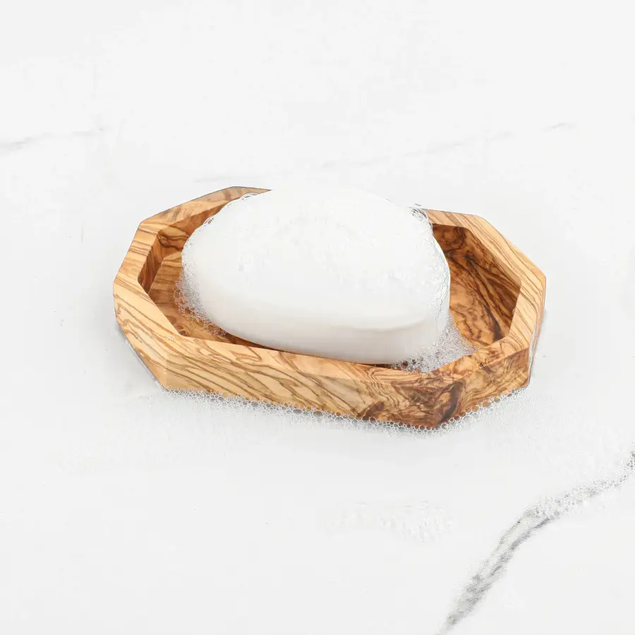 olive wood hexagonal shape slotted soap holder