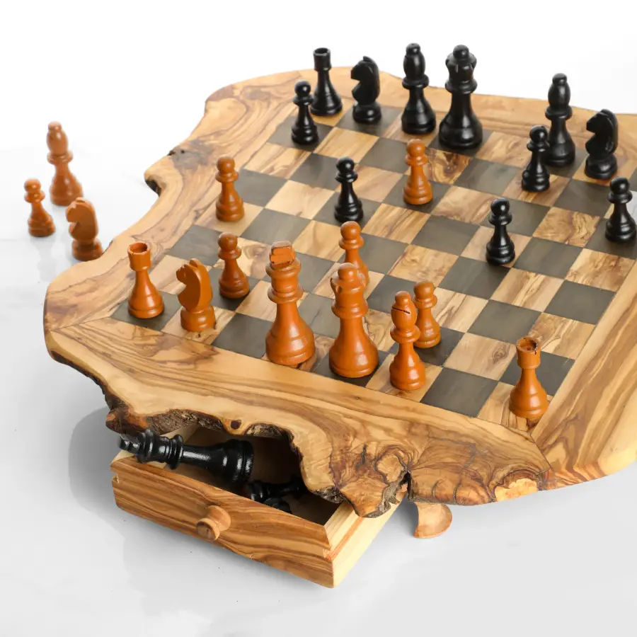 olive wood rustic chess board with legs and drawers