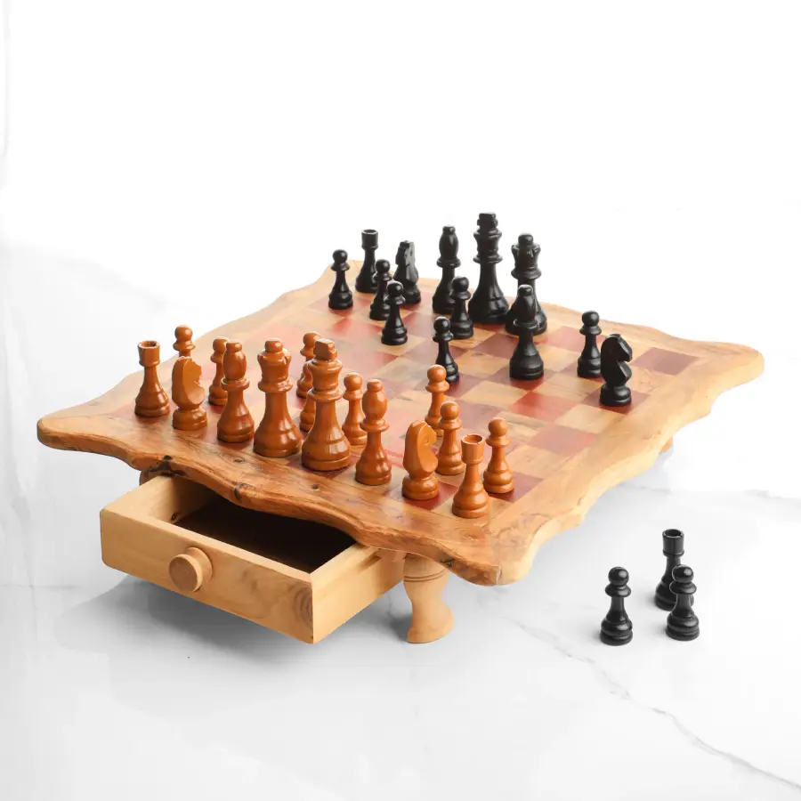 olive wood wavy shape chess board with legs and drawers (red squares)