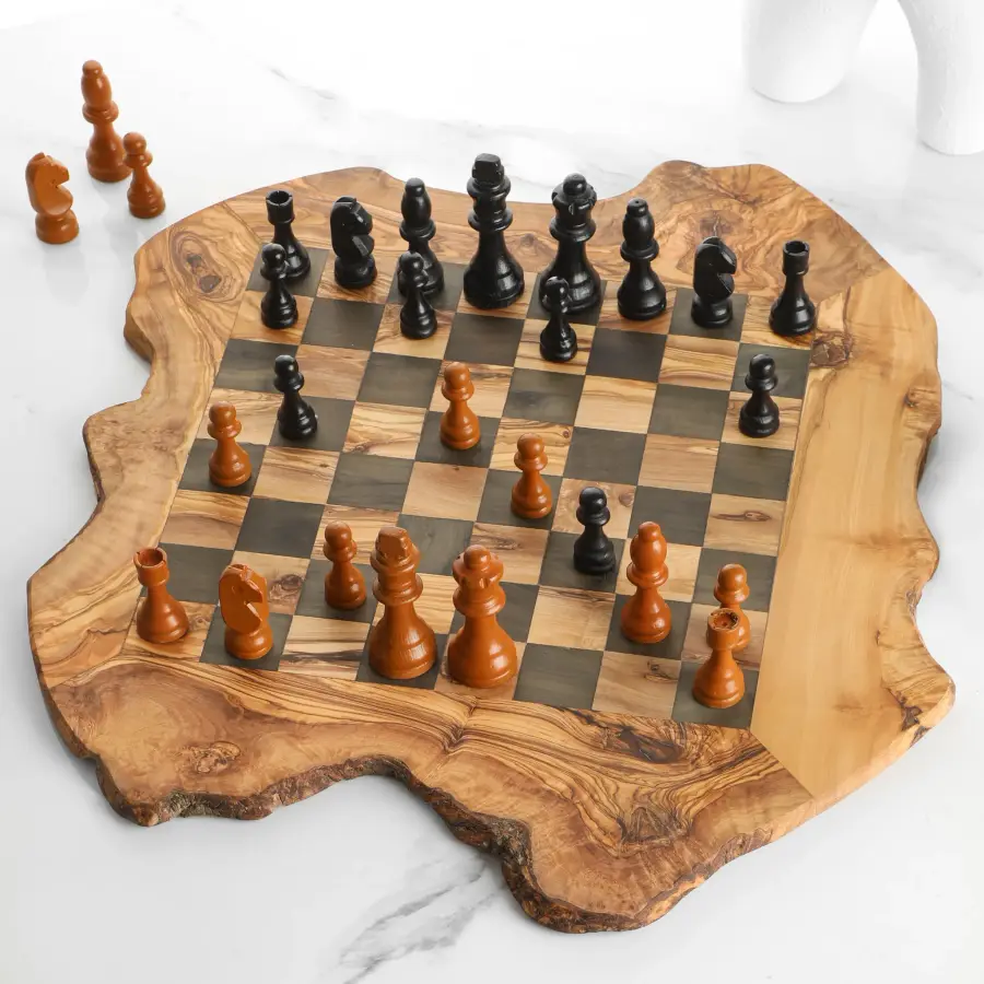 olive wood irregular shape rustic chess board (black squares)