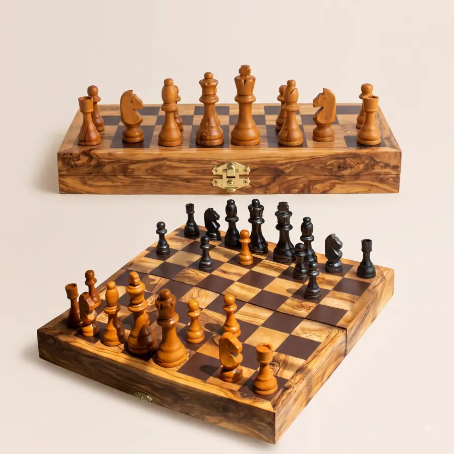olive wood foldable chess board game with brown squares