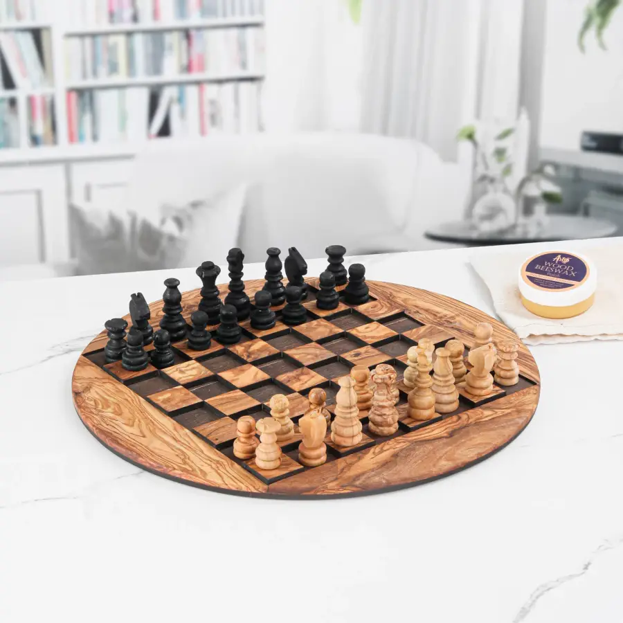 olive wood round chess board with embossed squares