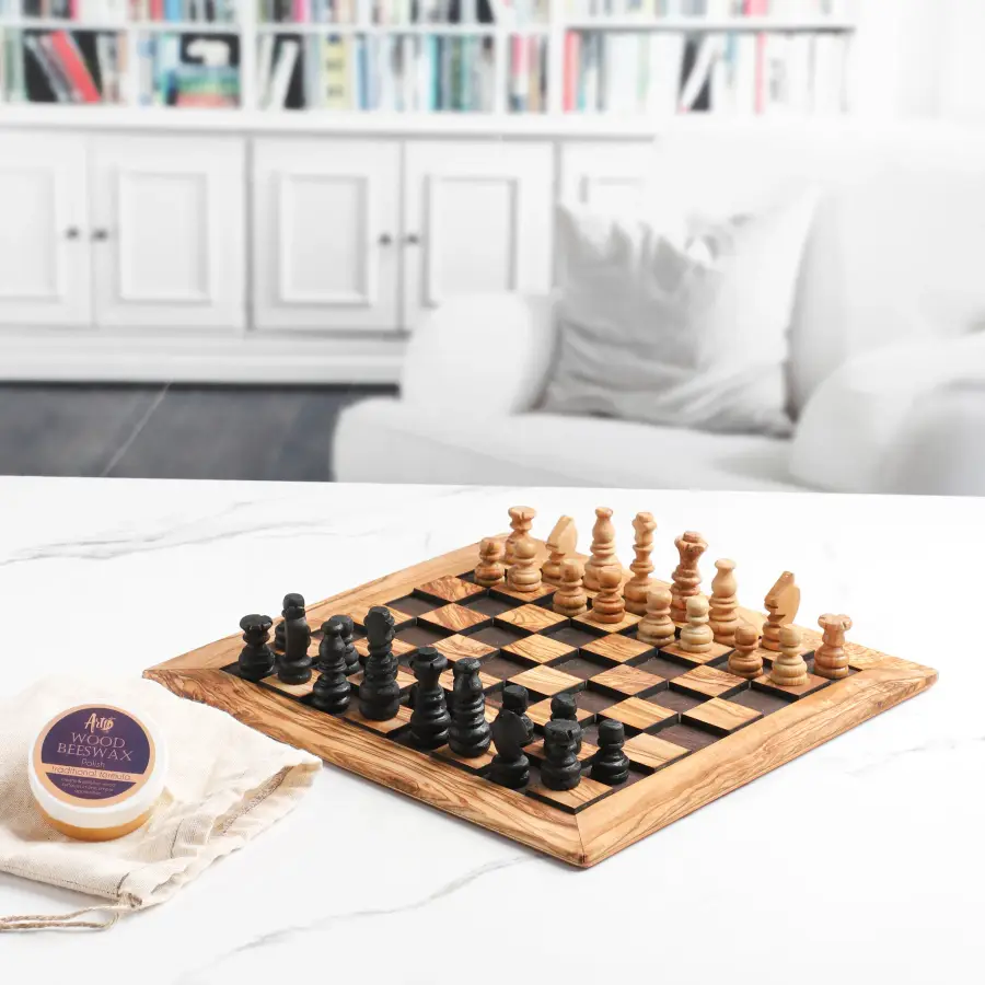 olive wood square chess board with embossed squares