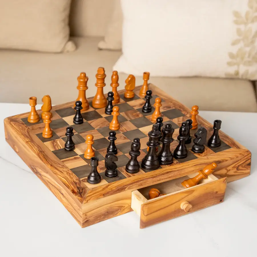 olive wood square chess set with 2 storage drawers