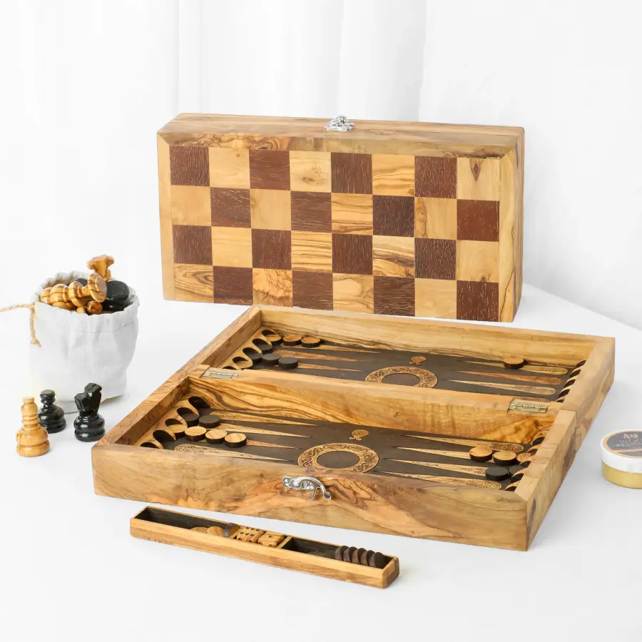 olive wood 2-in-1 foldable board game with brown squares