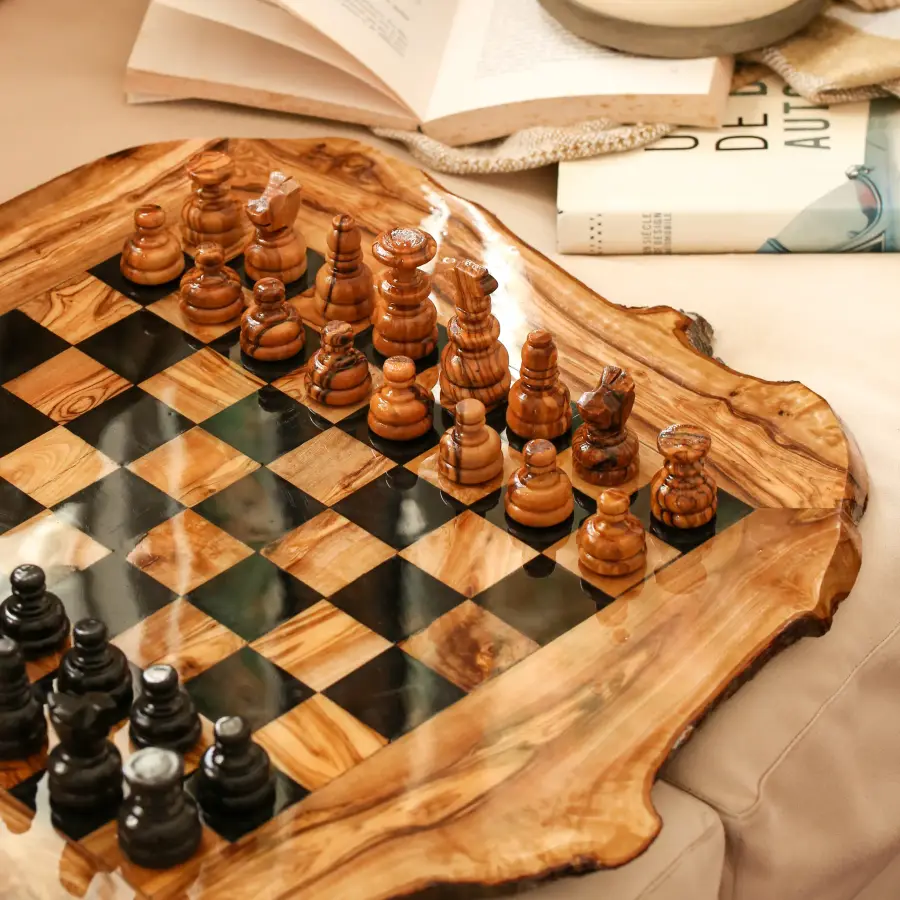olive wood wood and resin rustic chess board (black squares)