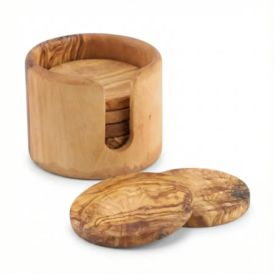 olive wood set of 6 round coasters with holder