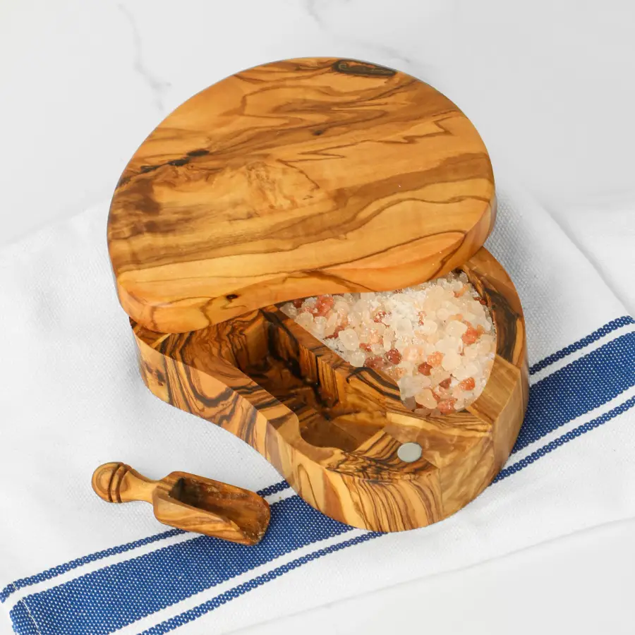 olive wood salt cellar with magnetic lid and scoop
