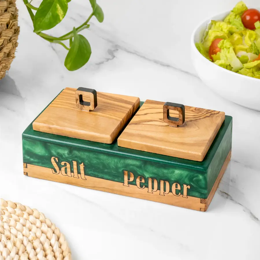 olive wood wood and green resin salt and pepper box