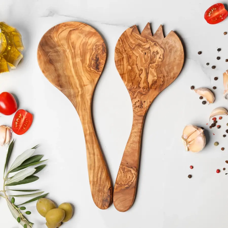olive wood round bowl salad spoon