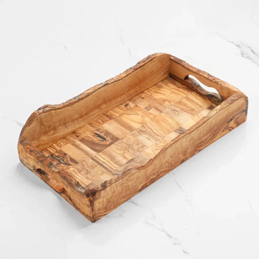 olive wood rectangular rustic serving tray with handles