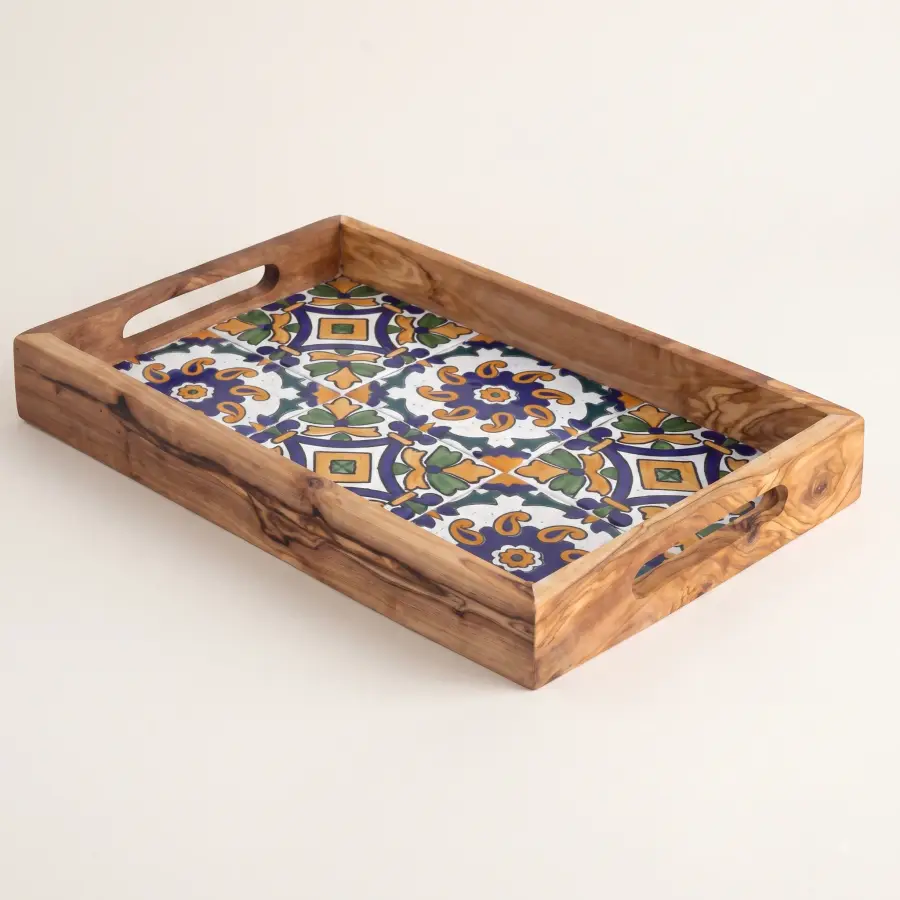 olive wood wood and ceramic rectangular tray with handles