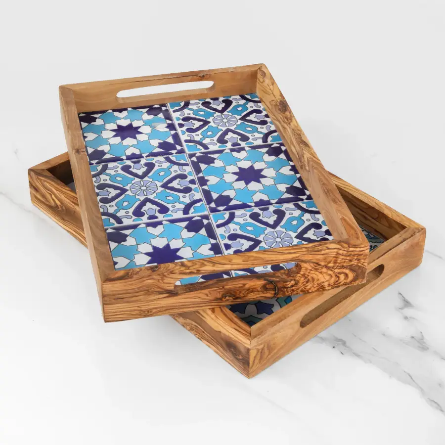 olive wood wood and ceramic rectangular tray with handles