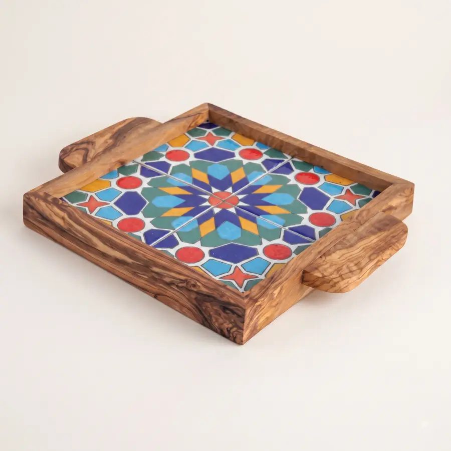 olive wood wood and ceramic square tray