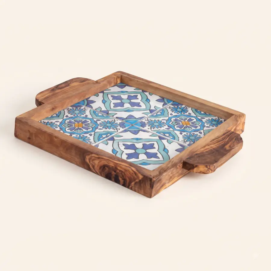olive wood wood and ceramic square tray