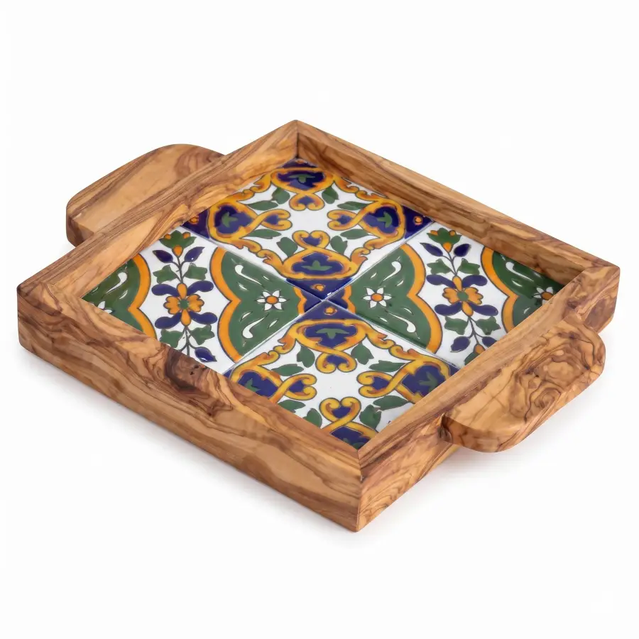 olive wood wood and ceramic square tray