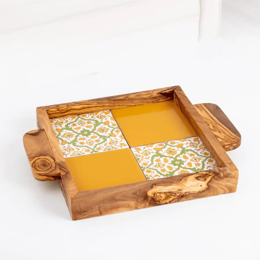 olive wood wood and ceramic square tray