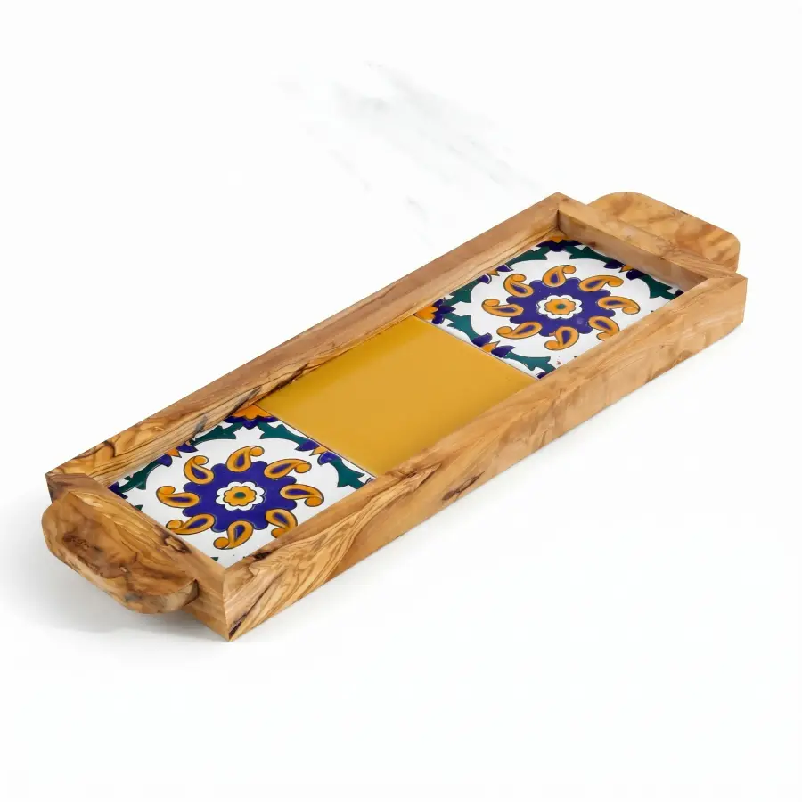 olive wood wood and ceramic rectangular tray