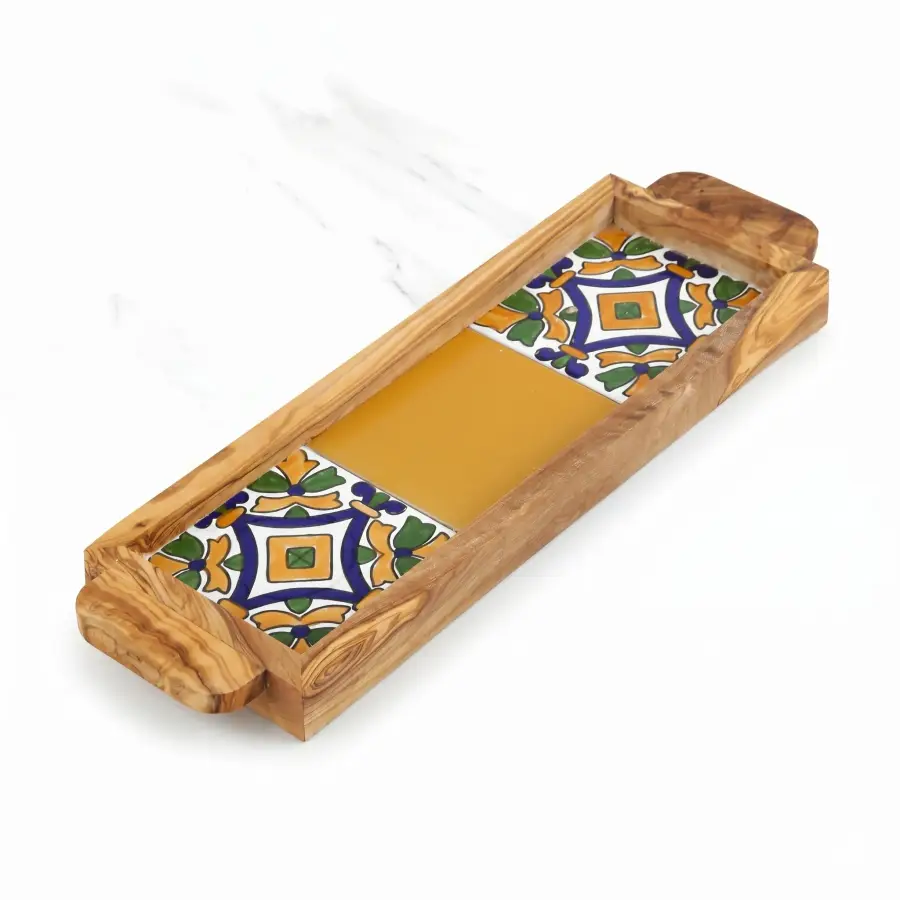 olive wood wood and ceramic rectangular tray