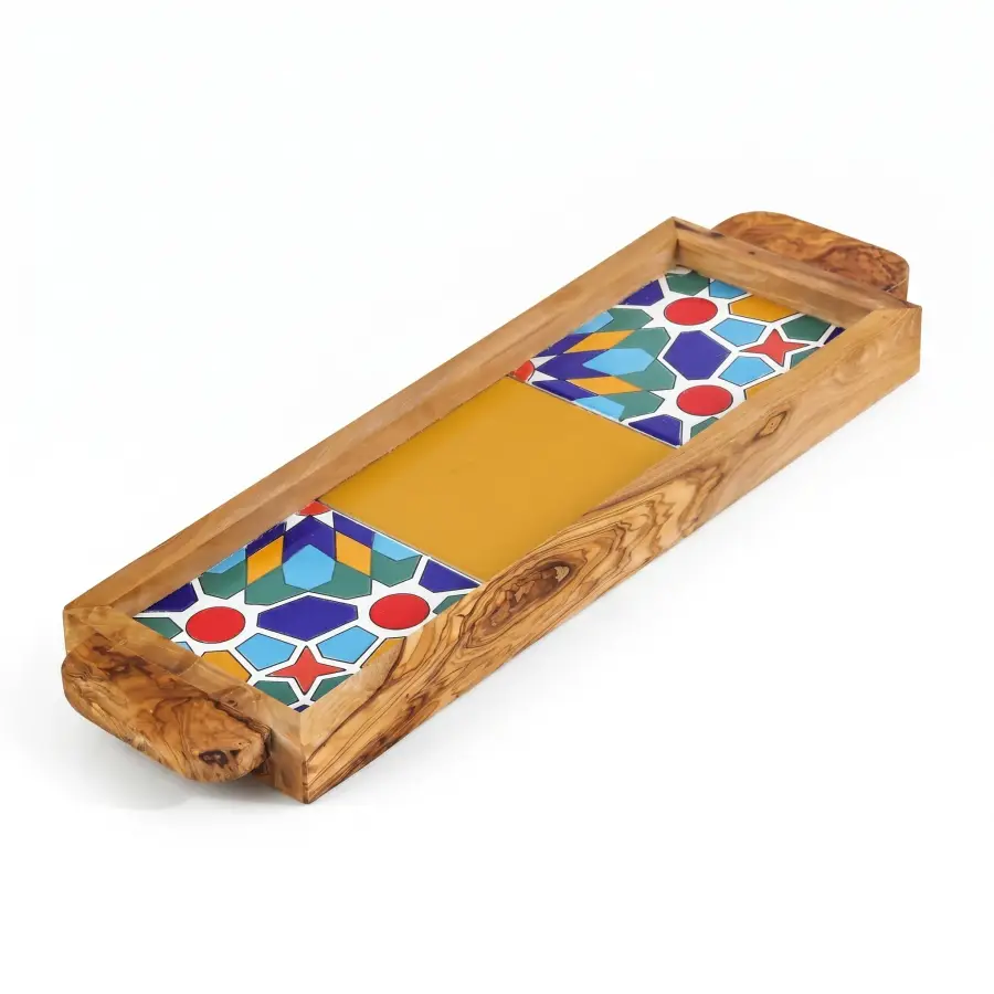 olive wood wood and ceramic rectangular tray