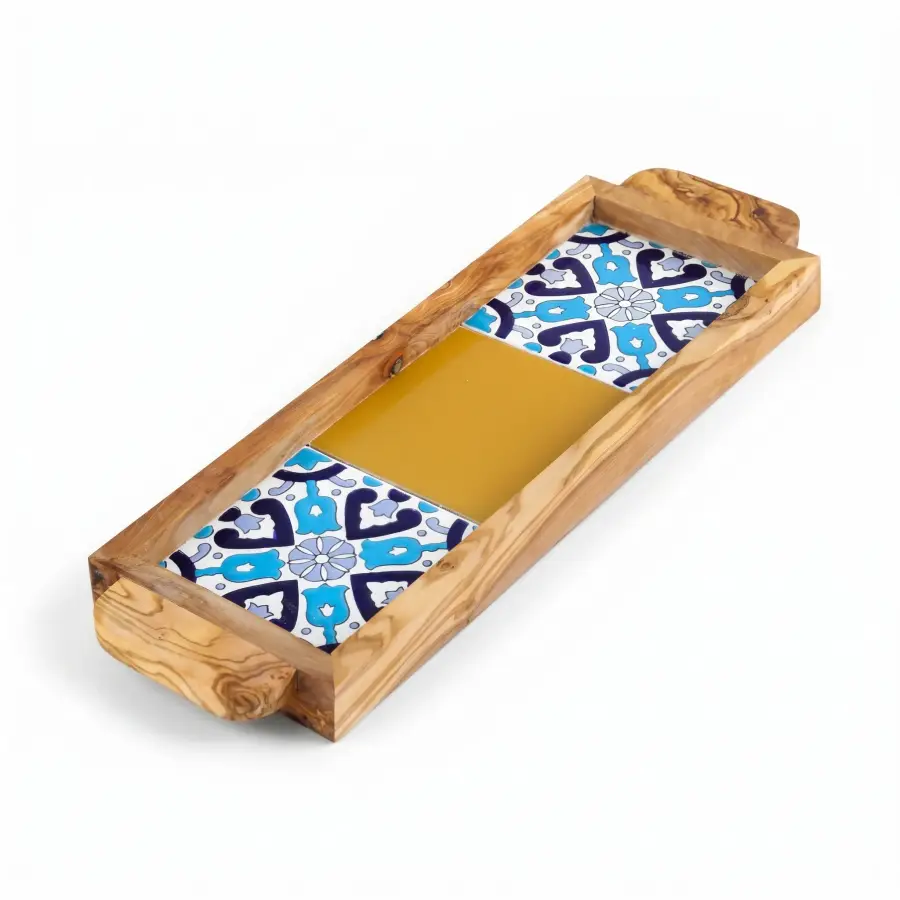 olive wood wood and ceramic rectangular tray